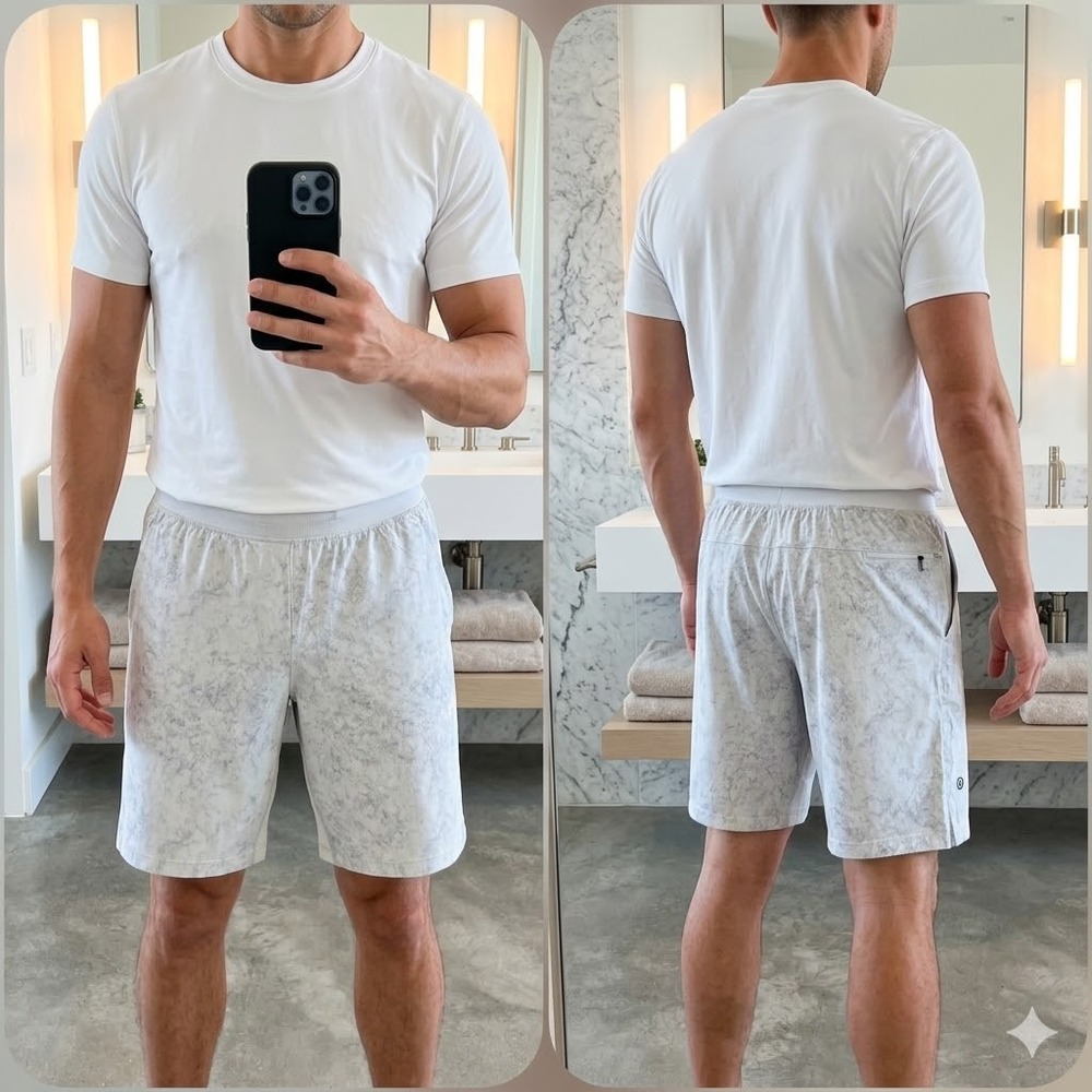 Lululemon Mens S Athletic Shorts White Grey Marble Acid Wash‎ 9.5 Inseam Pocket